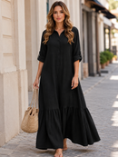 Novo vestido irregular de algodão e linho vestido casual com colar de camisa