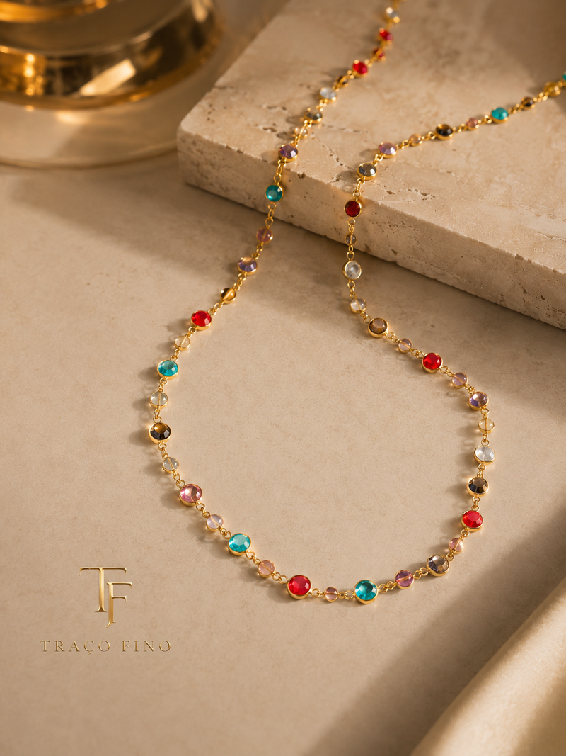 COLAR LONGO COLORIDO BANHADO EM OURO 18K