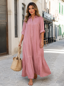 Novo vestido irregular de algodão e linho vestido casual com colar de camisa