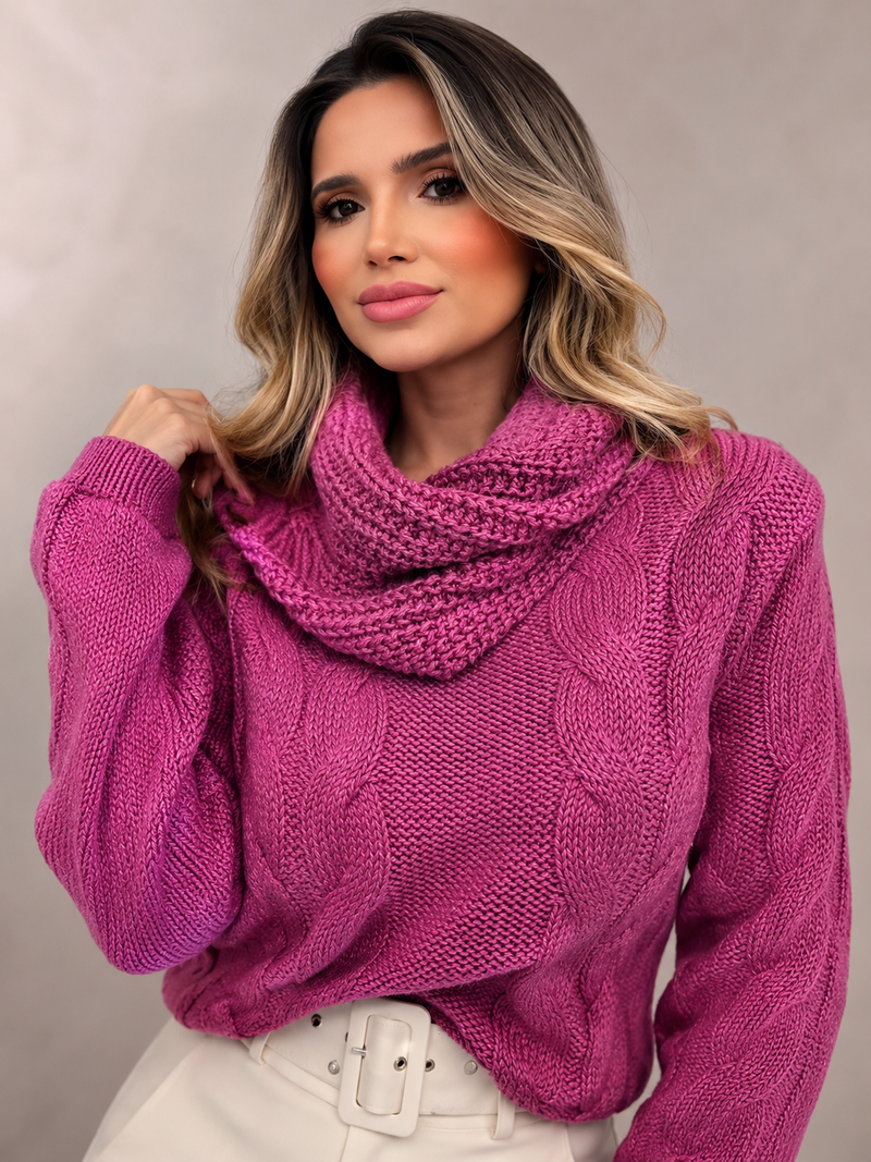 Blusa Orquídea Tricô Trançado com Gola Envelope
